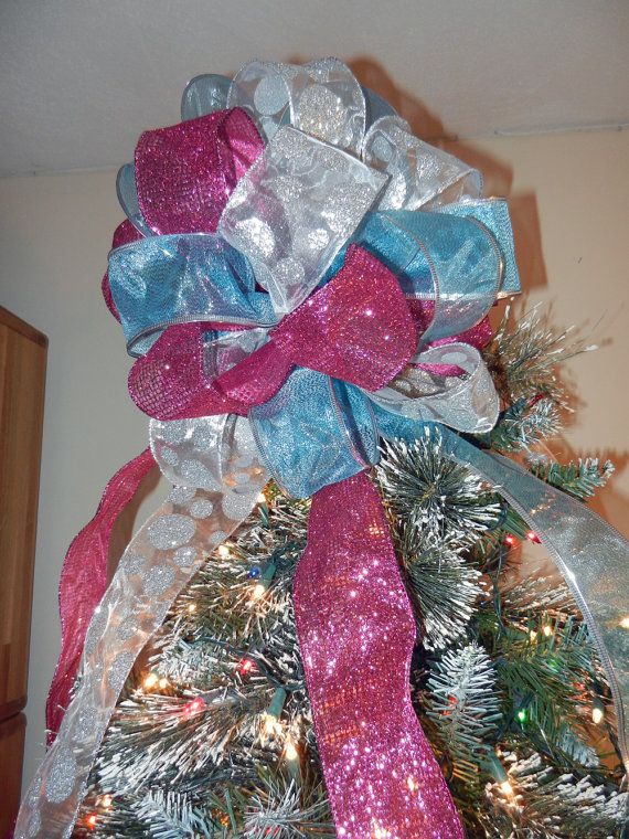 Large Christmas Tree Topper Bow 3 Ribbons Teal Pink and Sheer .