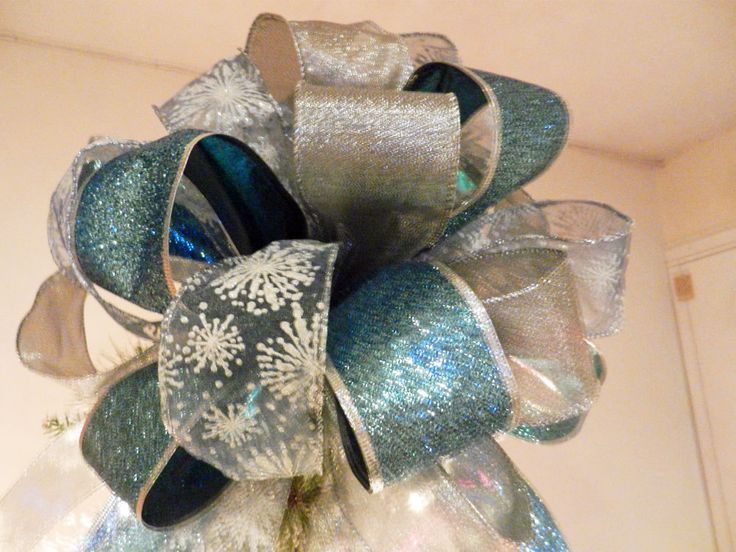 Large Christmas Tree Topper Bow 3 Ribbons Teal Glitter | Etsy .