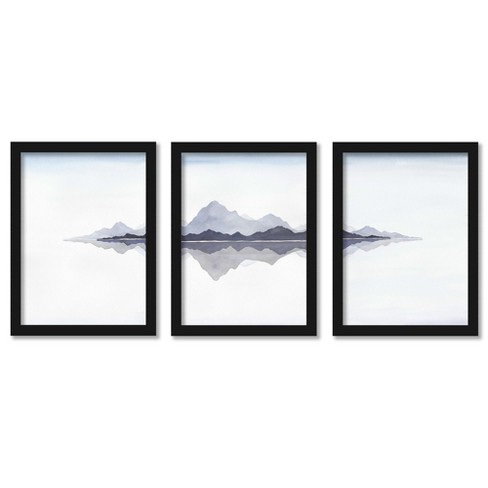 set Of 3) Icy Mountains Reflections By Leah Graw Black Framed .