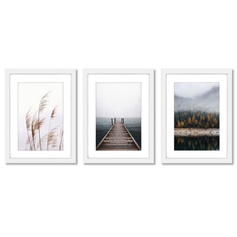 set Of 3) Lake Pier By Tanya Shumkina White Matted Framed Triptych .
