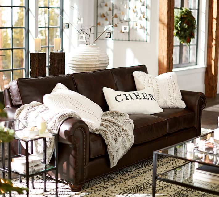 Webster Leather Sofa with Nailheads | Brown couch living room .