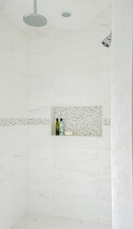 White marble Shower Tiles with Gray Mosaic Border Accent Tiles .
