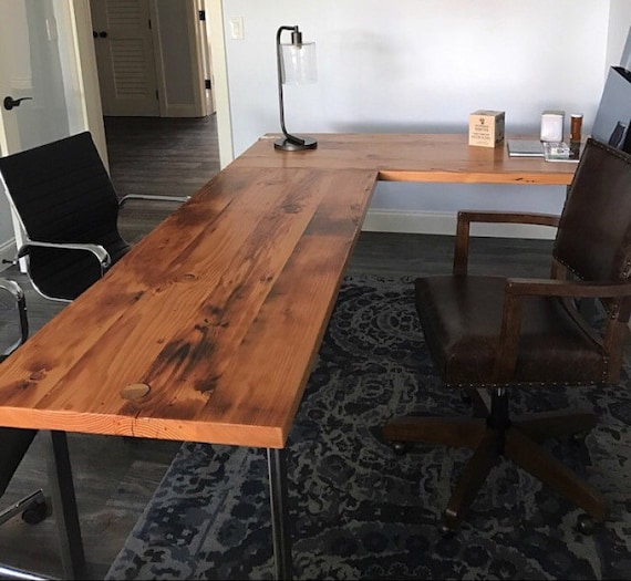Two Piece L-shaped Desk. Reclaimed Wood Desk. Wood and Steel - Et
