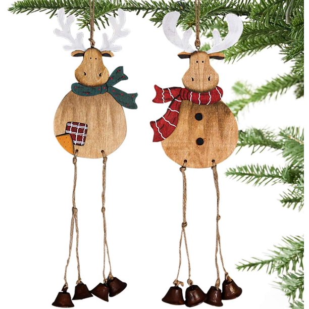 Christmas Tree Ornaments 2 Pack, Large Handmade Wood Reindeer with .