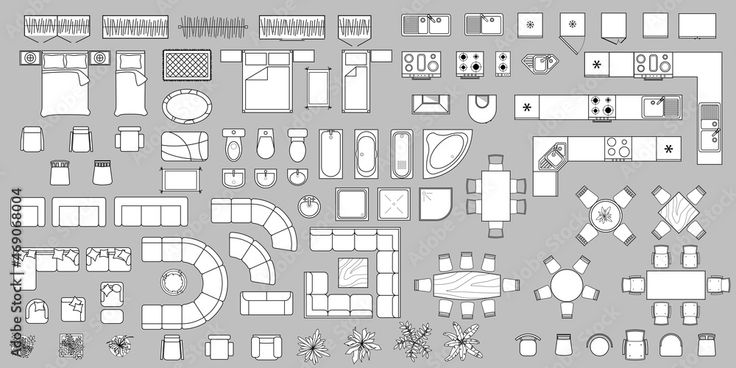 Furniture outline top view. Set of isolated linear icons for .