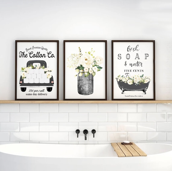 Set of 3 Black & White Bathroom Wall Art: the Cotton Co Truck - Et