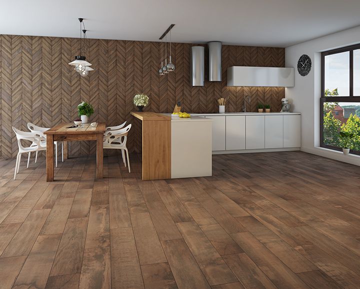 Best kitchen design with wood-look ceramic floors and feature wall .