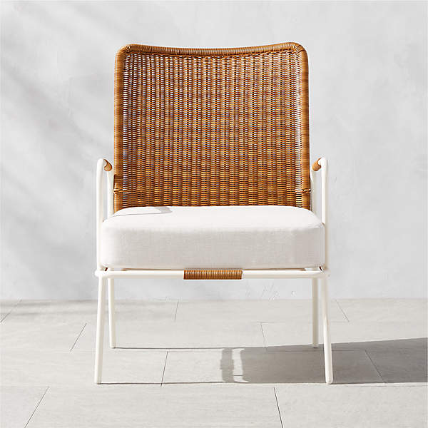 Colombe Modern White Metal and Rattan Outdoor Lounge Chair with .