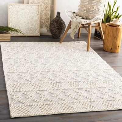 Union Rustic Clancy Hand-Tufted Wool Cream Area Rug | Blue and .
