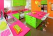 Eclectic Neon Pink and Green Kitchen with Diner-Style Stools .
