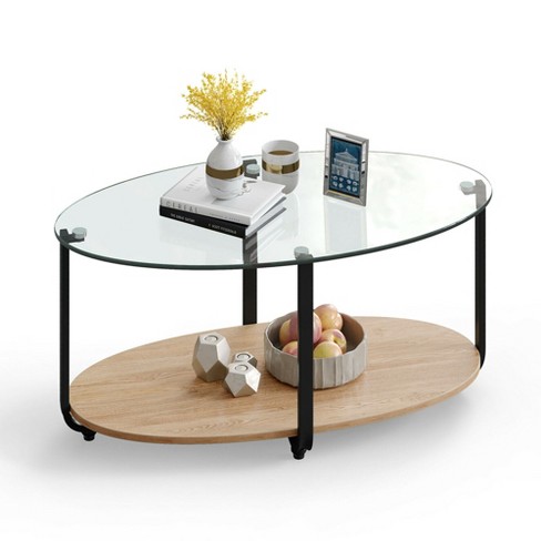 Costway Glass-top Coffee Table 2-tier Modern Oval Side Sofa Table .