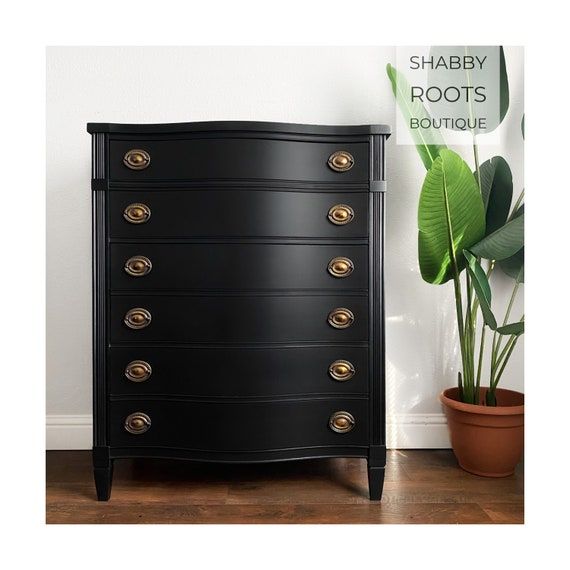 SOLD Tall Black Vintage Dresser Chest of Drawers Antique Bow .