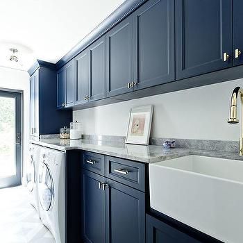 Blue Shaker Laundry Cabinets with Brass Pulls | Blue laundry rooms .