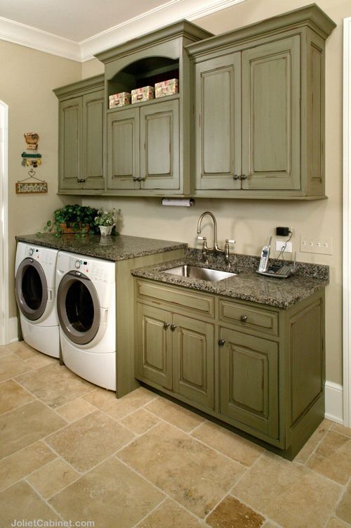 Love the color of the cabinets! | Laundry room design, Green .