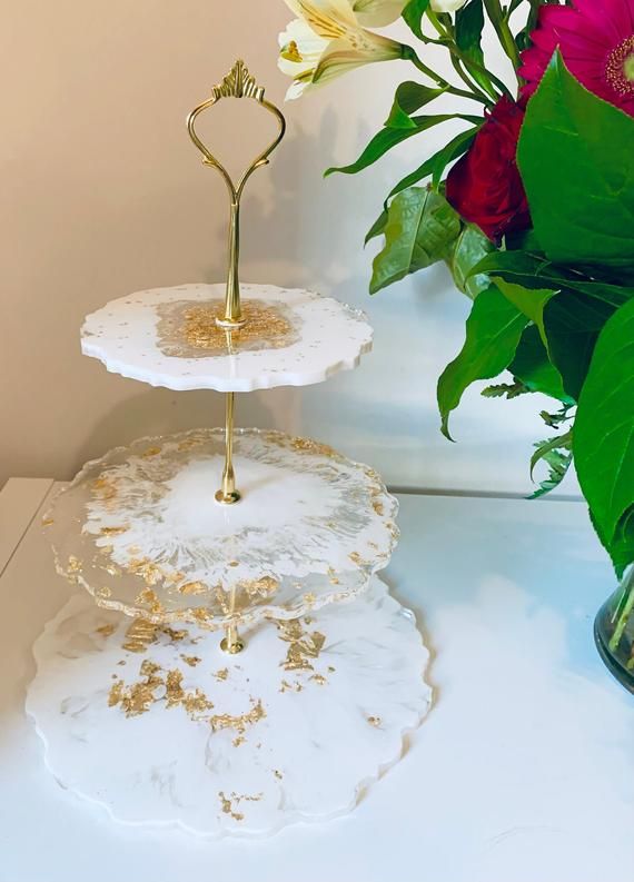 Custom made, white and gold leaf, resin 3 tier cake stand. | Gold .