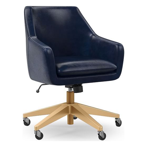 Helvetica Office Chair, Ludlow Leather, Navy, Antique Brass .
