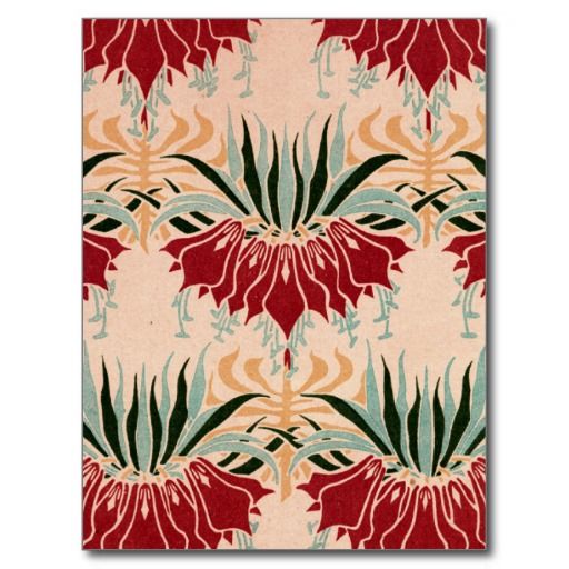 Red Floral Nouveau Postcard | Zazzle | Art nouveau pattern, Art .