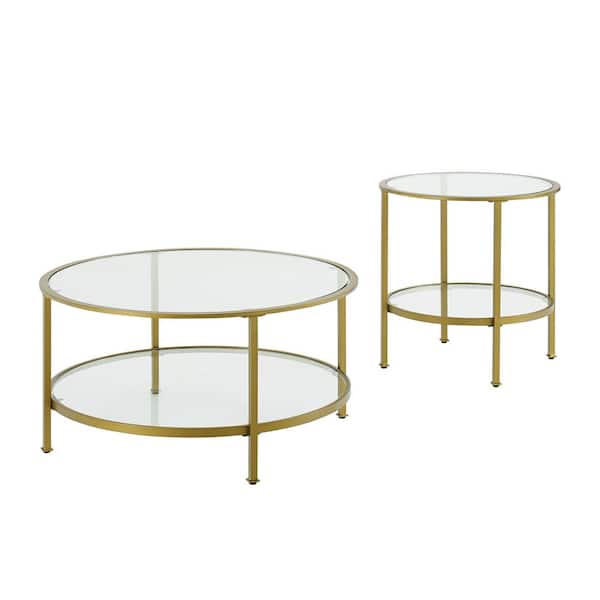CROSLEY FURNITURE Aimee 2-Piece Gold Round Glass Coffee Table Set .
