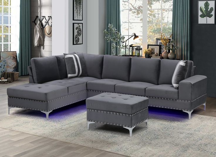 Global G97 Gray Sectional Sofa U97-GREY VELVET-SECTIONAL W/ LED .