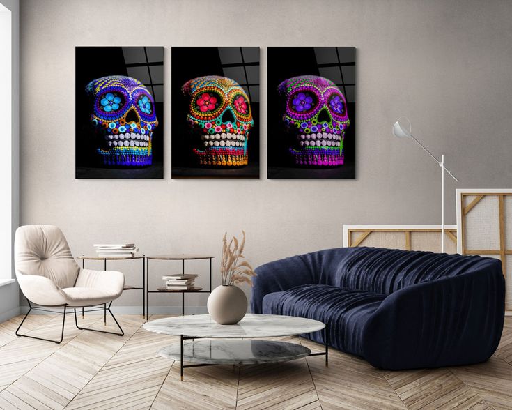 Mexican Skull - Calavera de Azucar - Trio - Wall Art Glass Print .