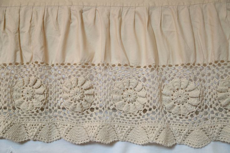 12.5" King Ivory Shabby Crocheted Bed Skirt Dust Ruffle Chic .