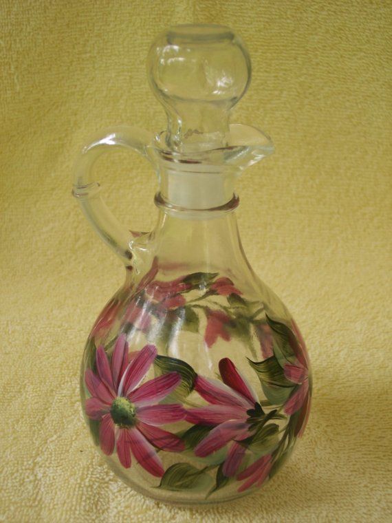 Hand Painted Glass Cruet Bottle with Magenta Daisies | Flower .