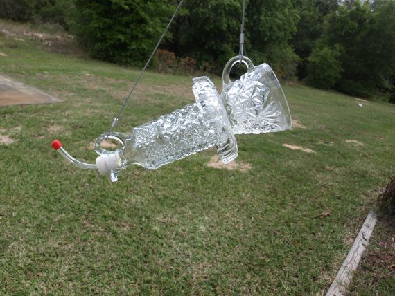 Vintage Glass Hummingbird Feeder Cruet Punch Cup Hanging .