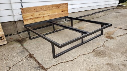 Hand Made Steel Bed Frame With Rustic Wood Headboard by .