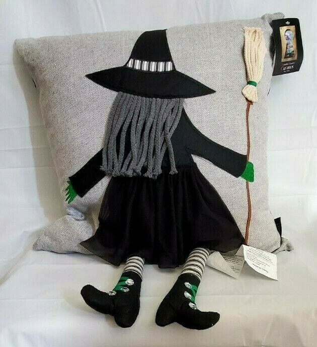 Cynthia Rowley Curious Halloween Black Witch w/ Broom Throw Pillow .