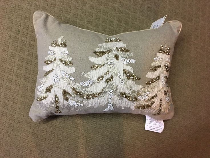 Cynthia Rowley Natural Christmas Pillow w silver & white Trees 14 .