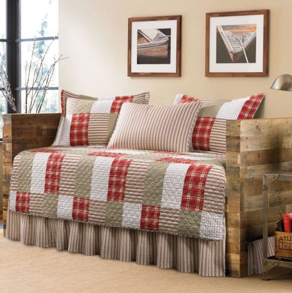 Eddie Bauer Red Khaki Plaid Daybed Quilted Cover Set Bed Skirt .