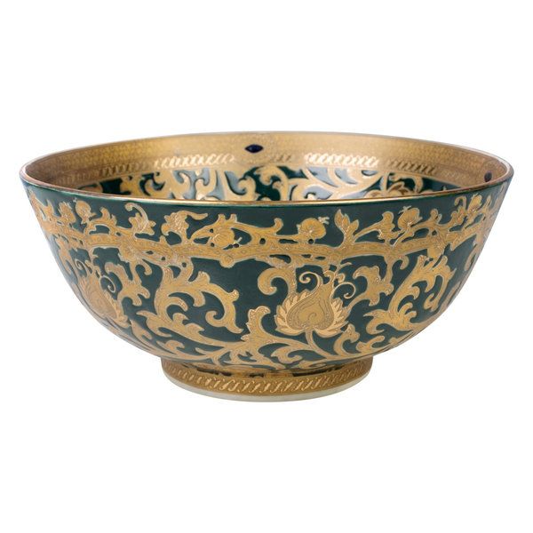 Green and Gold Tapestry Porcelain Bowl, 12" Diameter - Traditional .