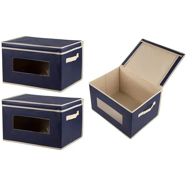 3-Pack Navy Blue Decorative Fabric Foldable Storage Cube Bin Lid .