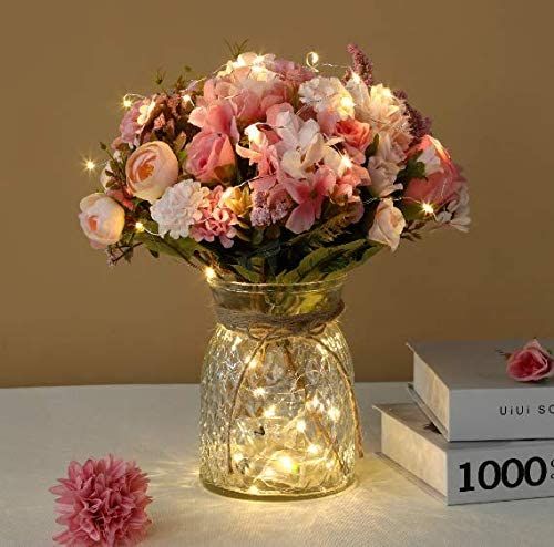 Artificial LED Pink Rose Flowers with Glass Vase, Flower .