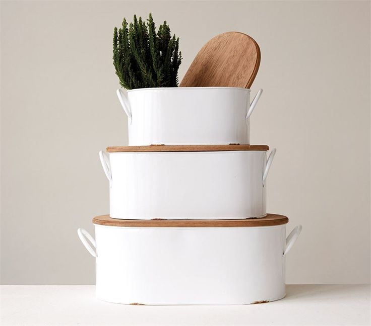 Farmhouse Decorative White Metal Containers With Wood Lids, Set Of .
