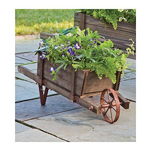 Small Solid Wood Wheelbarrow Planter with Functional Wheel .