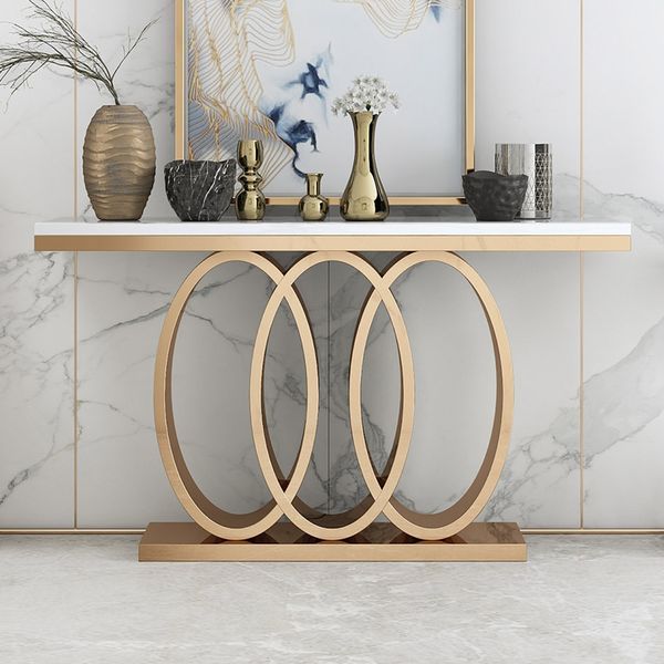 Modern Rectangular Console Table with Marble Top & Stainless Steel .