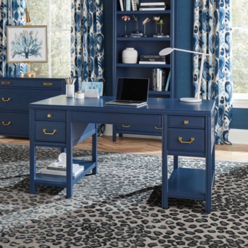 Aman Modern Kneehole Writing Table Desk with Drawers Navy Blue .