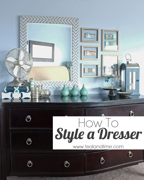 How to Style a Long, Low Dresser (Teal and Lime) | Dresser decor .