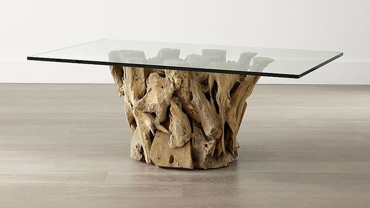Crate & Barrel Driftwood Coffee Table with Rectangular Glass Top .