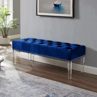 Olyphant Royal Blue Velvet Bench With Crystal Buttons & Clear .