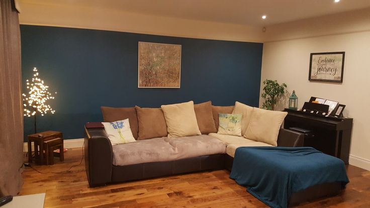 Living room, Regan deep Green Blue. Open plan feature wall Corner .