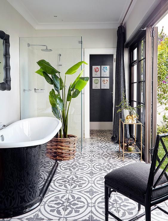 Black and White Bathroom with Black and White Concrete Floor Tiles .