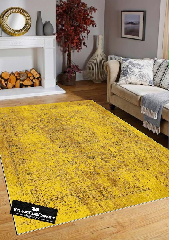 Turkish Rug Yellow Vintage Style Mid Century Yellow Carpet - Et