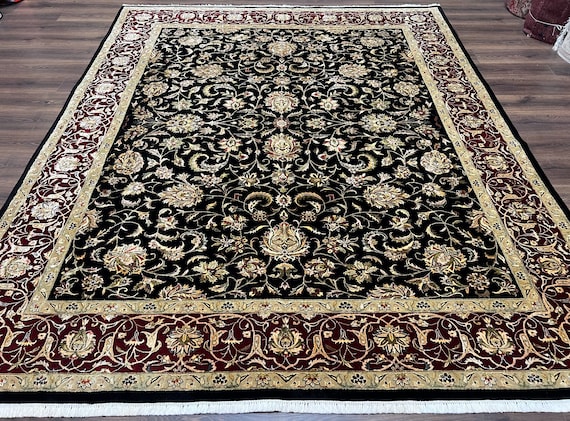 Indo Persian Rug 8x10 Black and Maroon Floral Allover Wool - Et