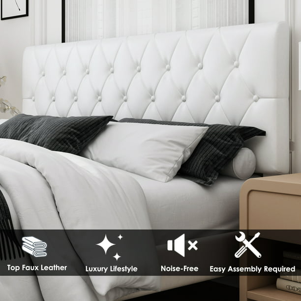Homfa Full Bed Frame, White Faux Leather Upholstered Button Tufted .