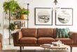 Tan leather sofa with pendant light | Mid century modern living .