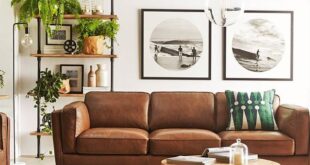 Tan leather sofa with pendant light | Mid century modern living .