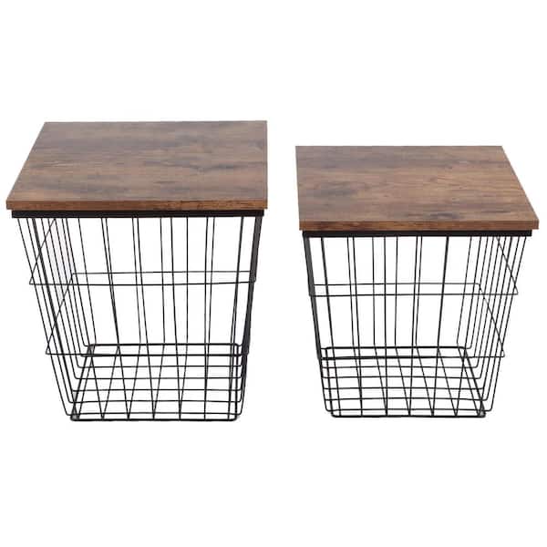 Lavish Home 15.75 In. Brown Square Wood Top Wire Basket Nesting .