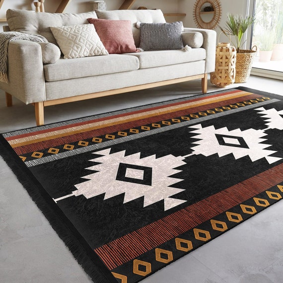 Boho Area Rug Black Brown Ethnic Carpet Kilim Design Outdoor - Et